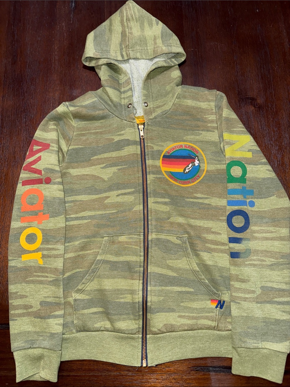 Aviator Nation Kids Camo Zip Hoodie with Rainbow Sleeve Logo Size 14